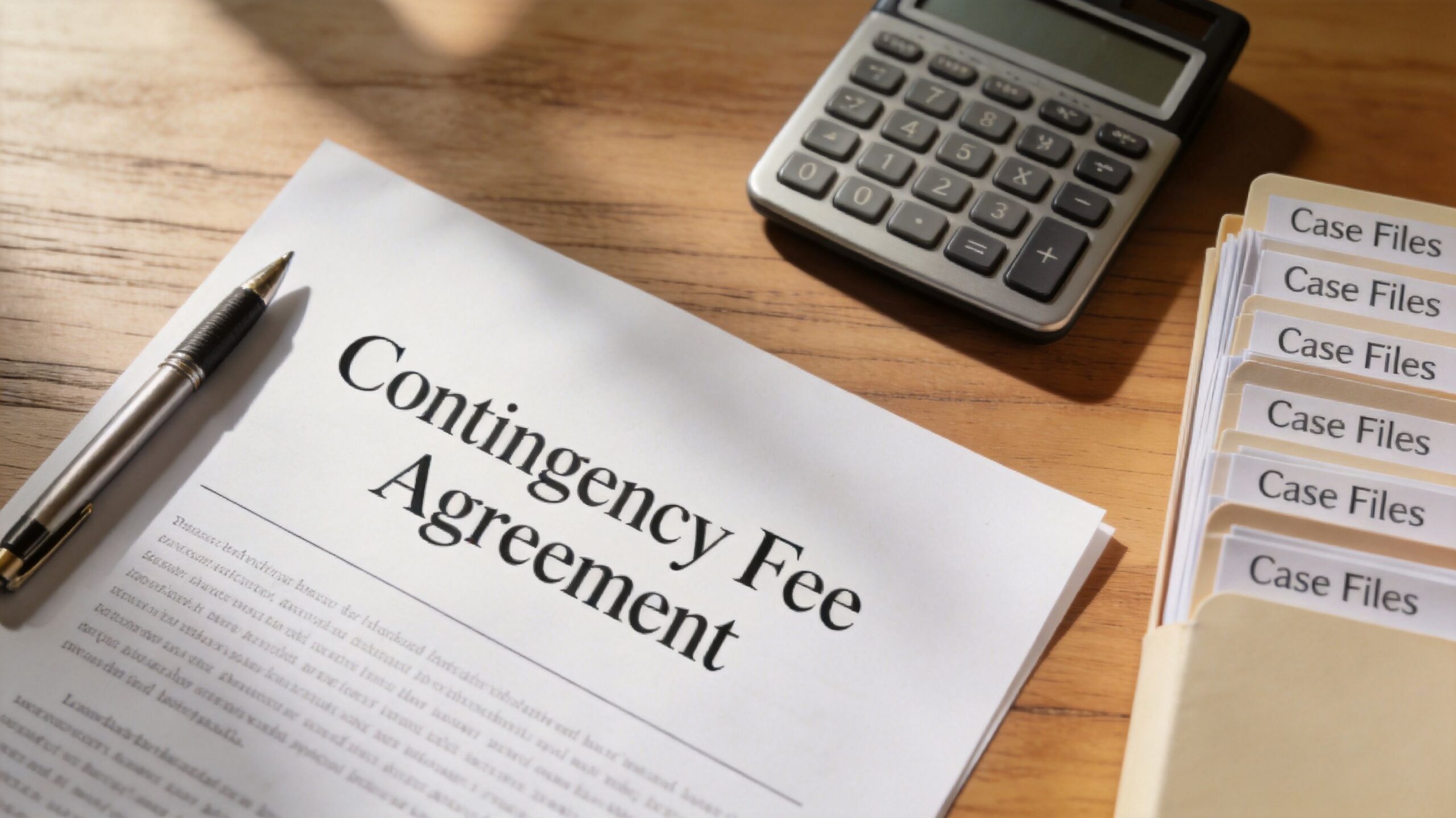 A document labeled Contingency Fee Agreement sits on a wooden desk with a calculator and files.