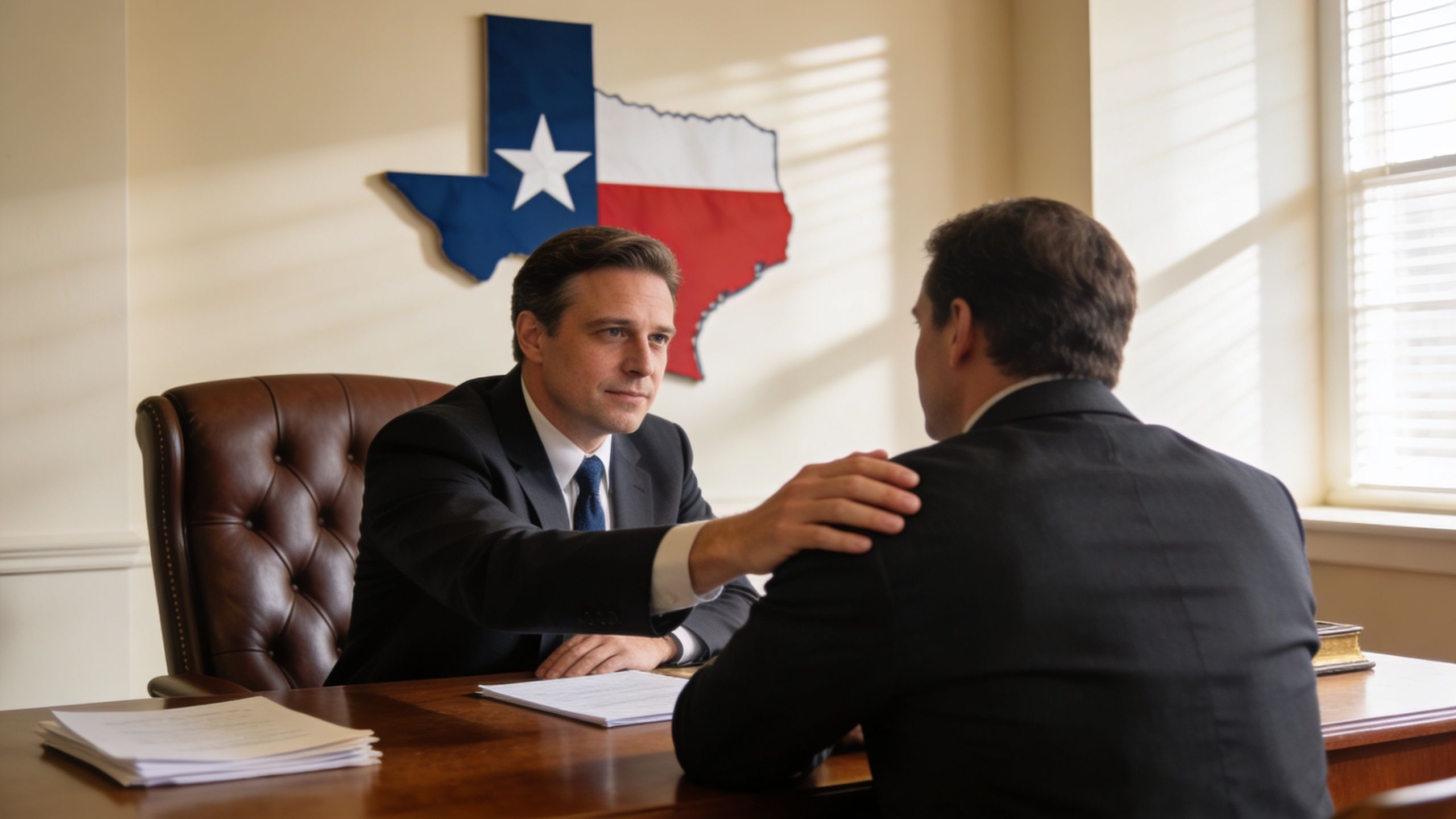A professional lawyer wearing a suit comforts a client in an office with a Texas map on the wall.