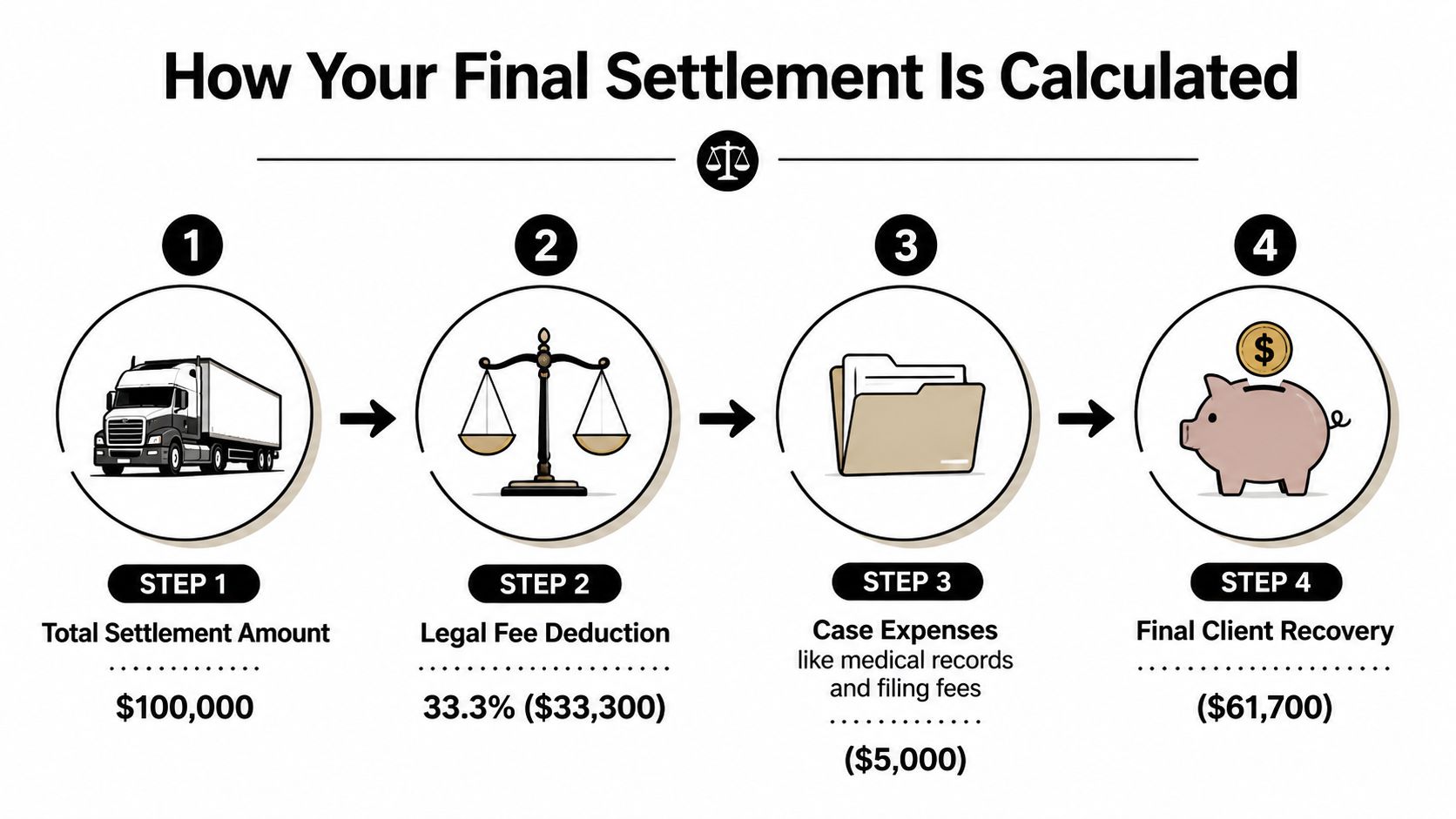 A four-step infographic illustrating how personal injury settlement funds are distributed after legal fees and expenses.