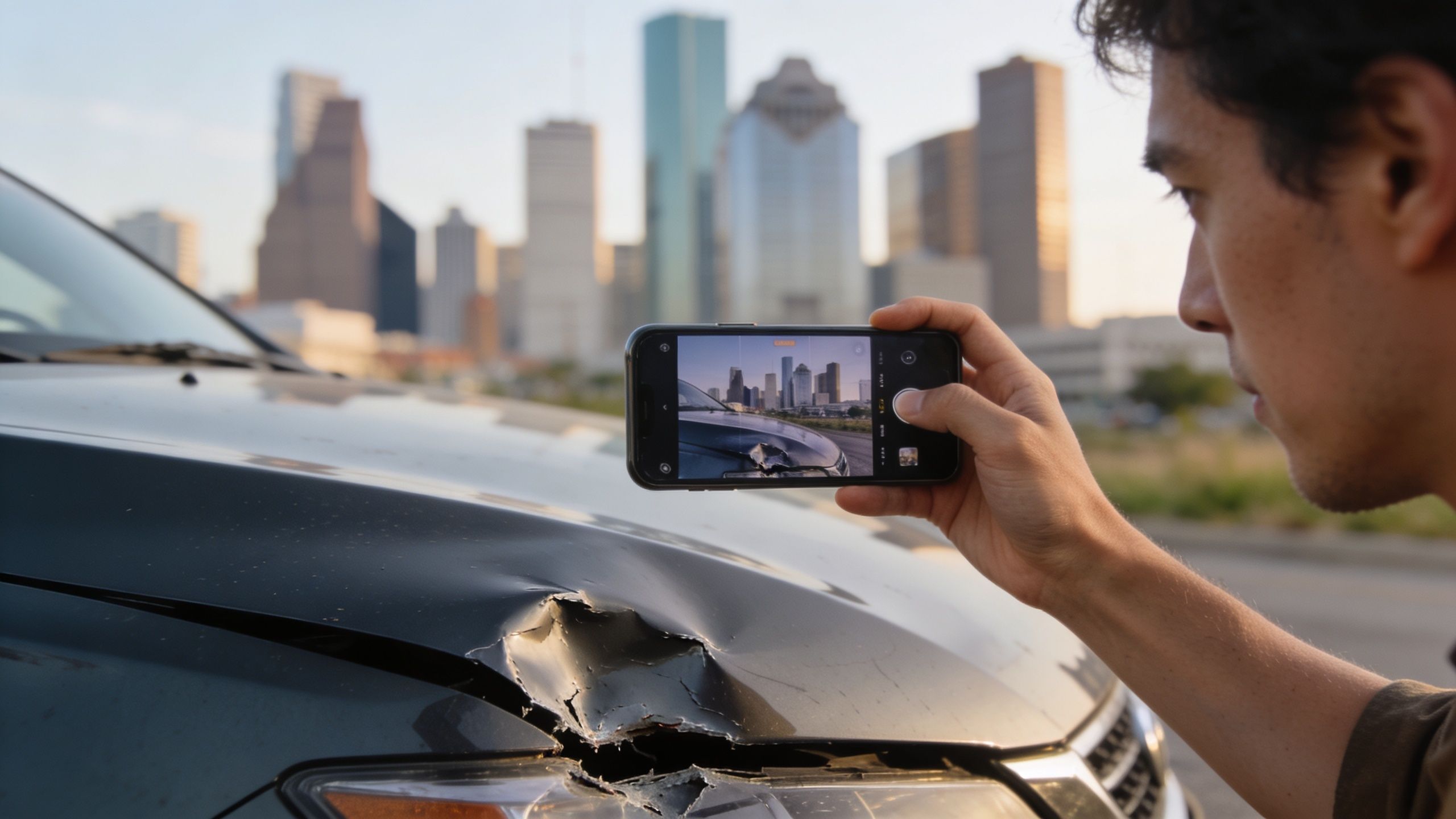 A man taking a photo of a car accident damage for a personal injury claim documentation.
