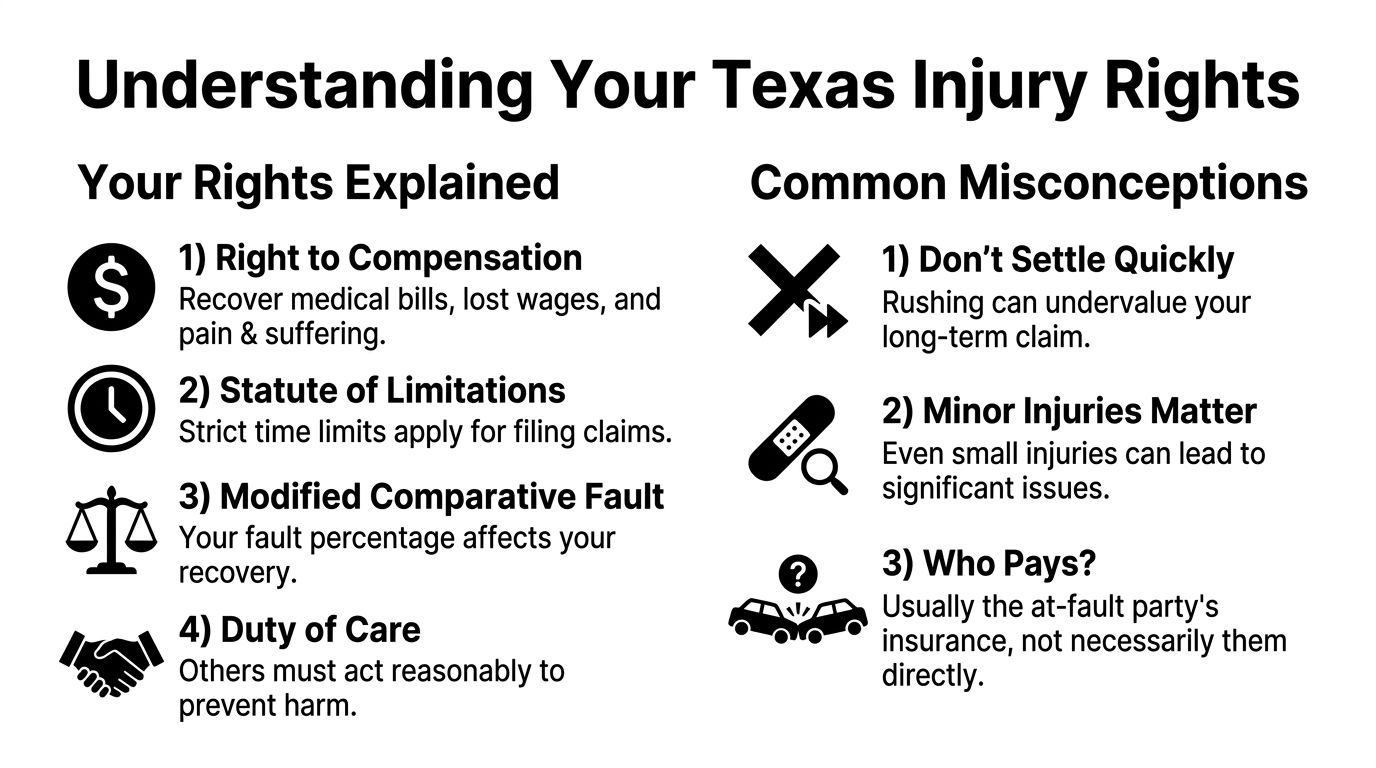 An infographic titled Understanding Your Texas Injury Rights highlighting legal rights and common misconceptions for injury claims.