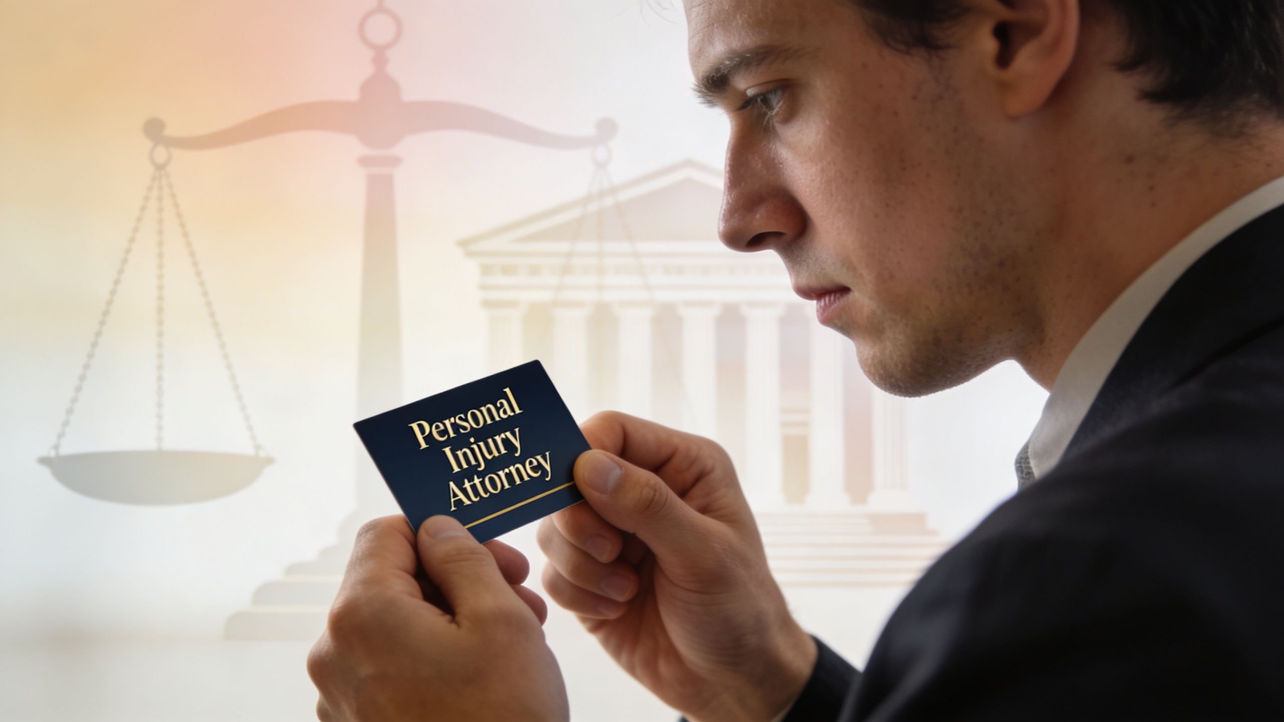 A professional man holding a business card labeled Personal Injury Attorney with a law theme background.
