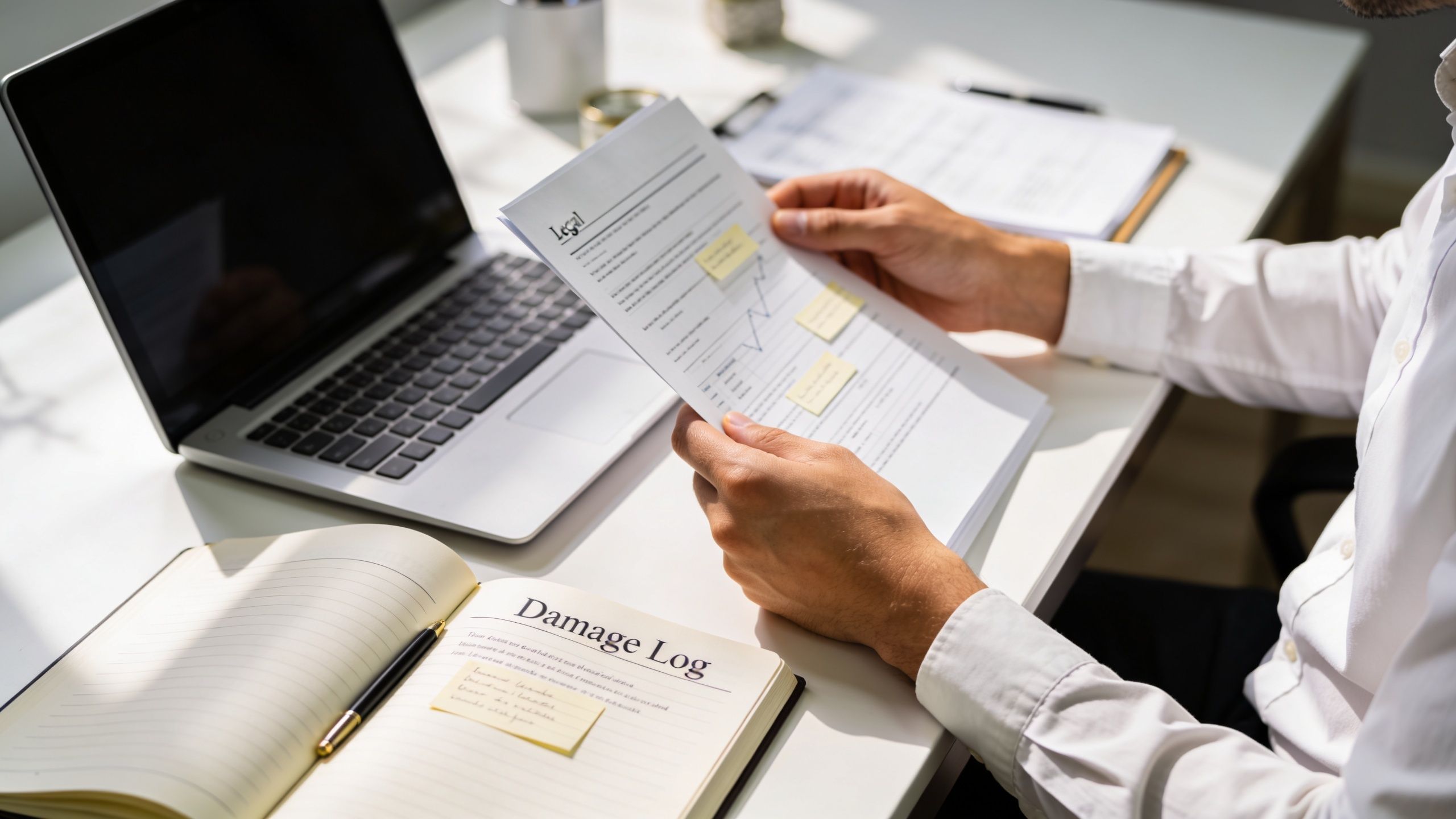 A professional analyzing legal documents and a damage log at a desk in a bright office.