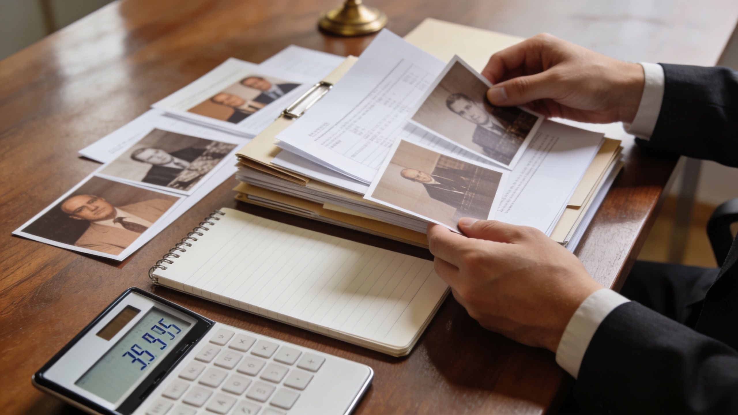 A professional analyzing old portrait photographs and documents at a wooden desk with a calculator.
