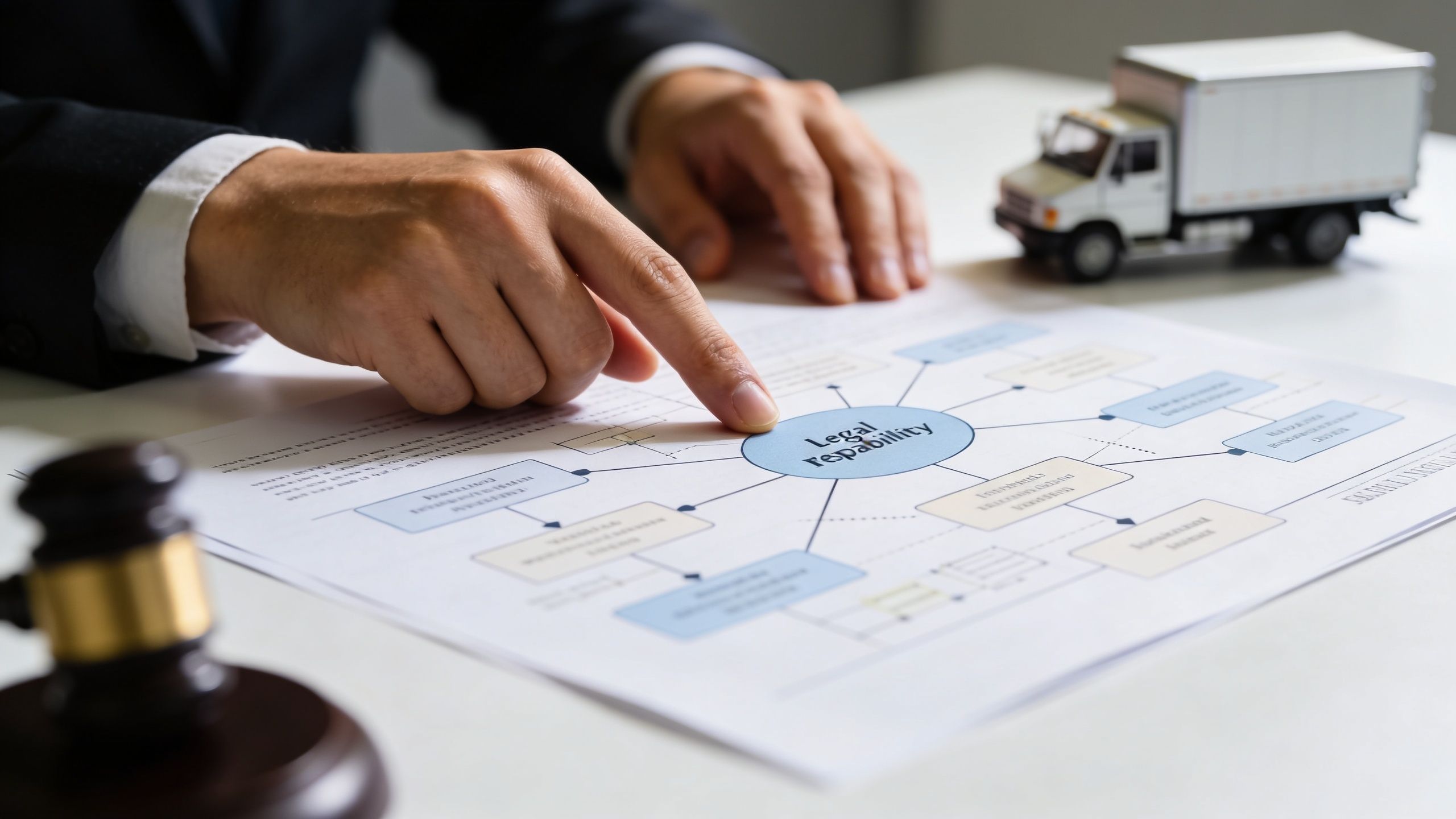 A legal professional points to a flowchart labeled Legal Repability on a document regarding truck transportation legal issues.