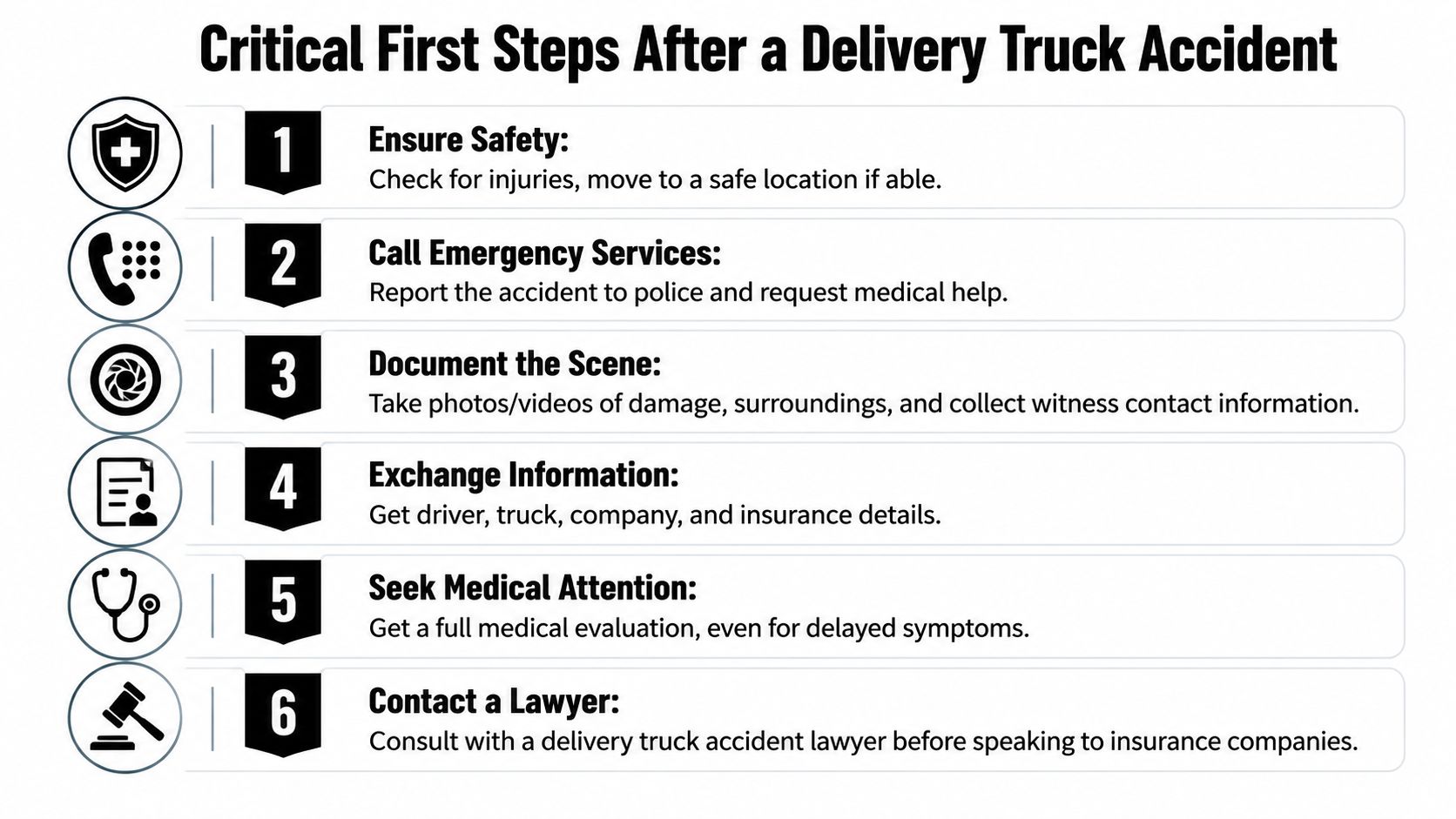 A six-step infographic guide detailing the essential safety and legal actions following a delivery truck accident.