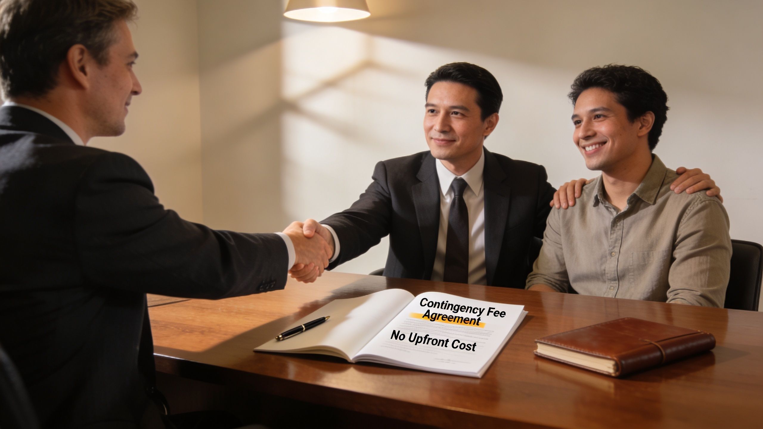 A professional lawyer shaking hands with a client during a personal injury legal consultation meeting.