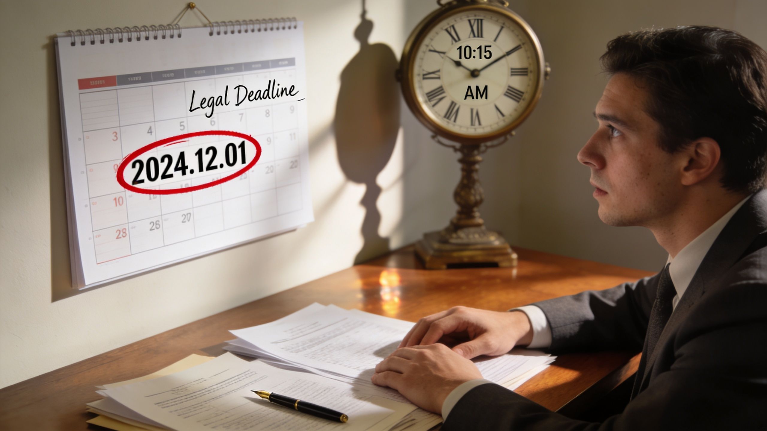 A professional man sitting at a desk looking at a calendar marked with a legal deadline.