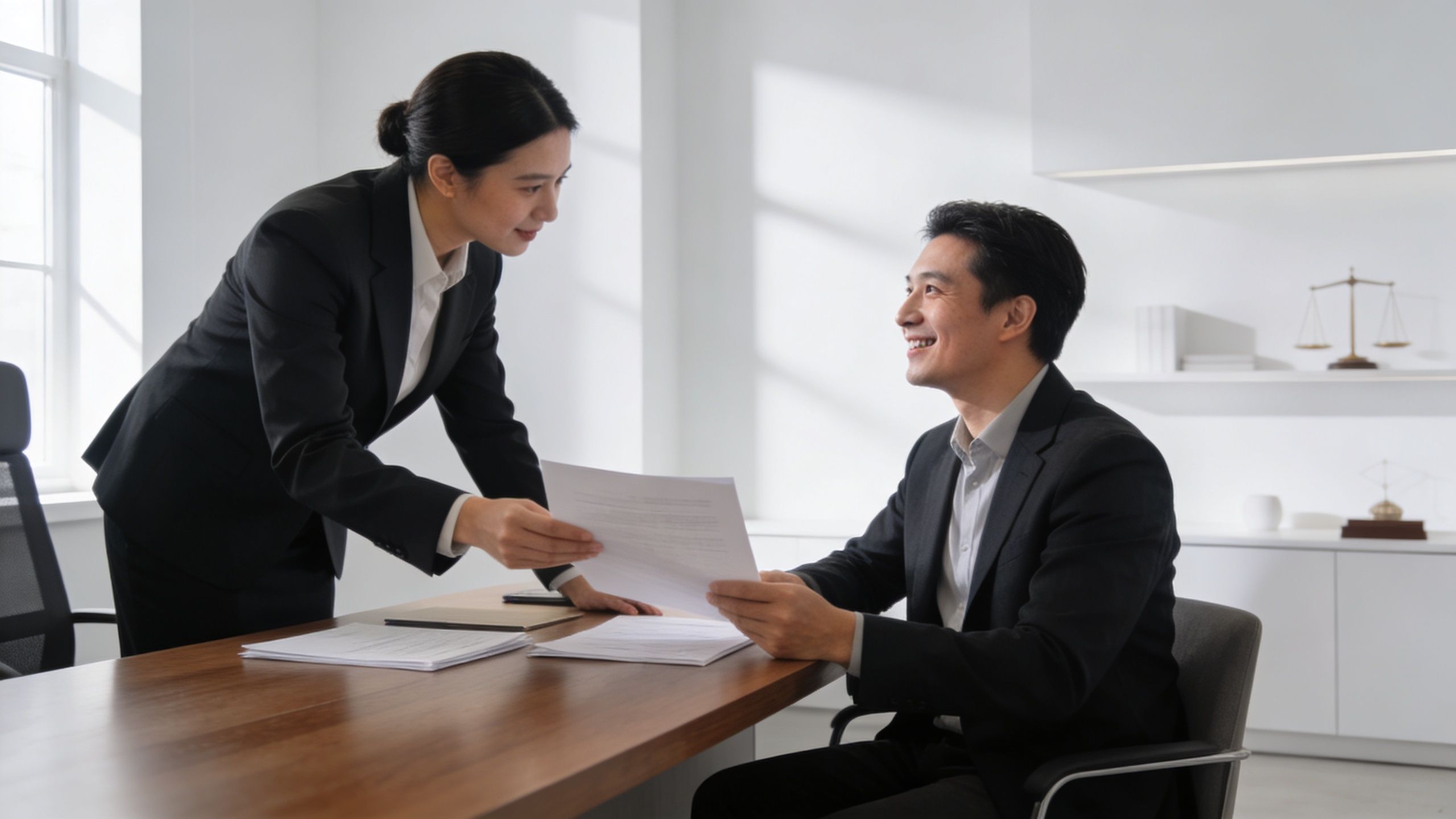 A professional female lawyer presenting legal documents to a smiling male client in a modern office.
