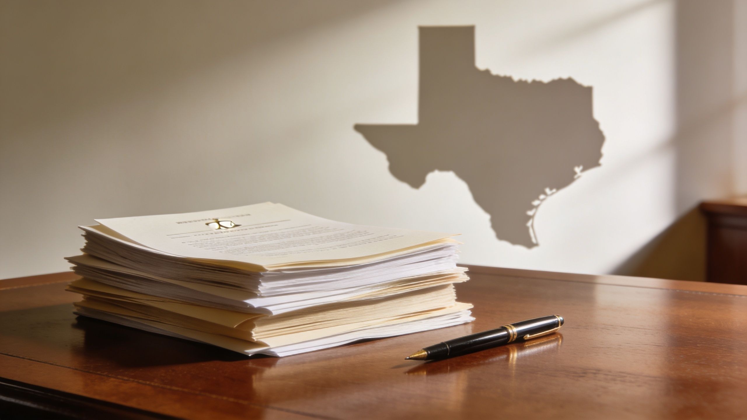 A stack of legal documents and a fountain pen on a wooden desk with a Texas map backdrop.