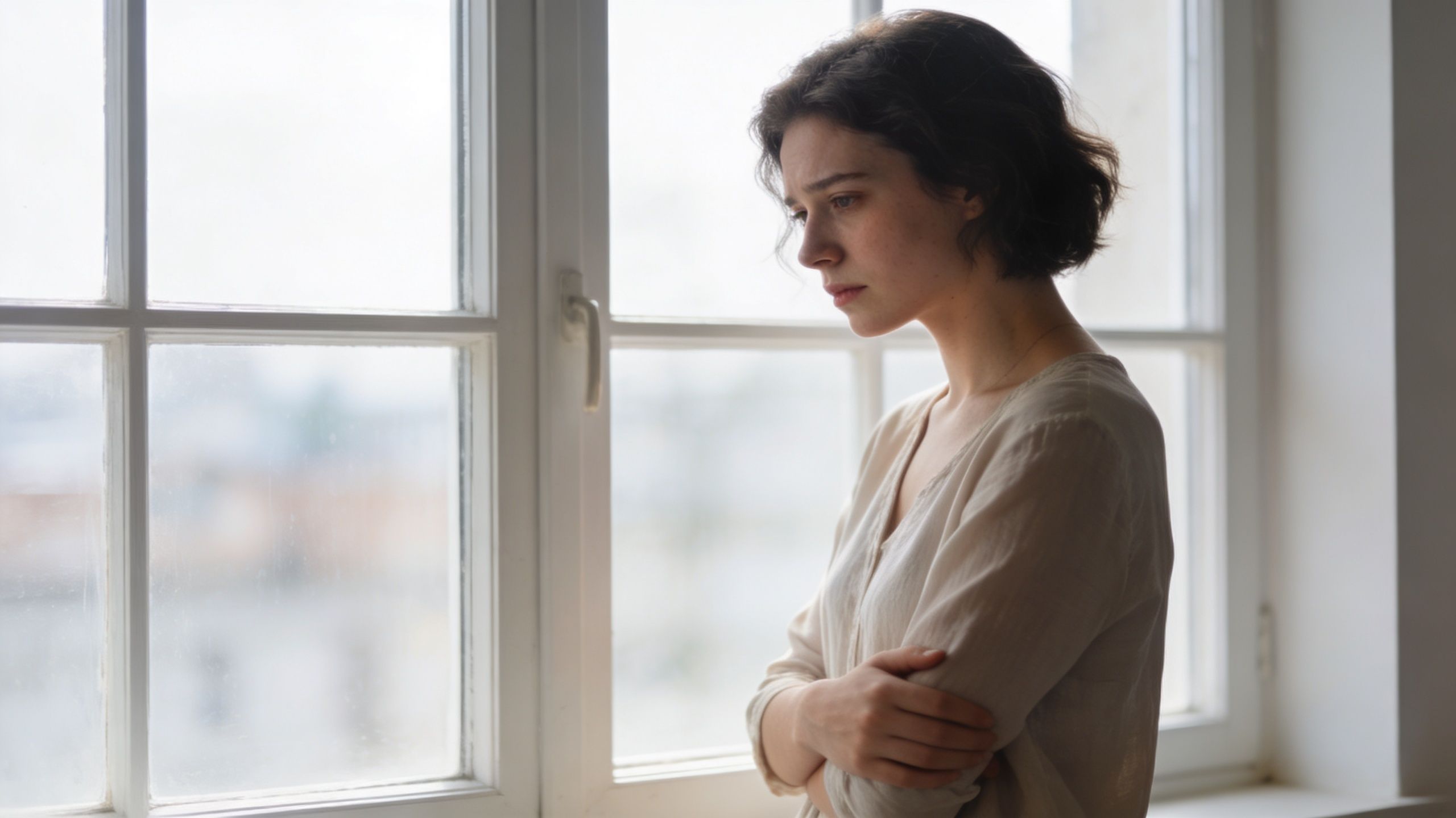 A young, sad woman with short dark hair standing by a window, appearing thoughtful and contemplative.