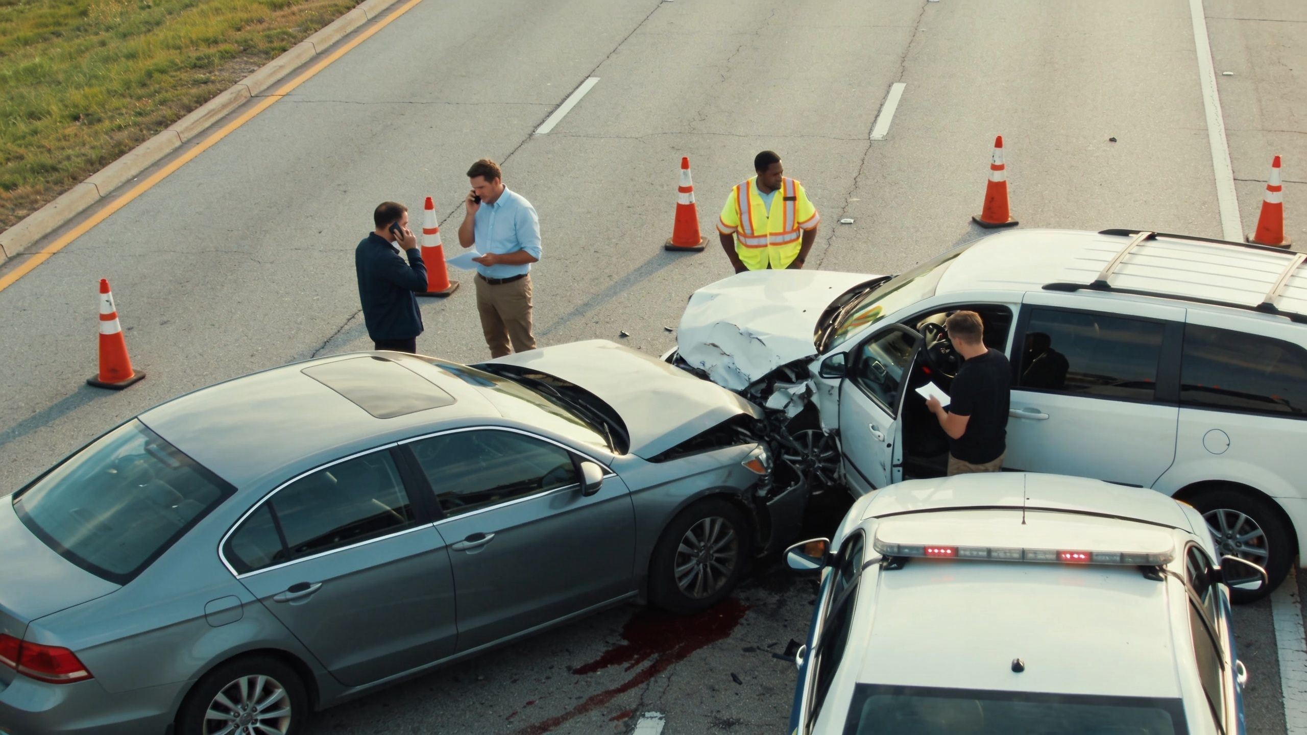 People standing near a multi-vehicle car accident on a highway with a police vehicle and traffic cones.