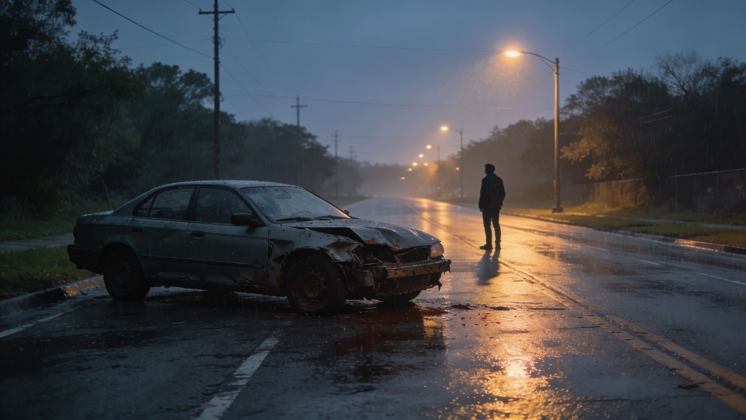 A lonely person stands by a badly damaged car on a rainy street during a dim evening.
