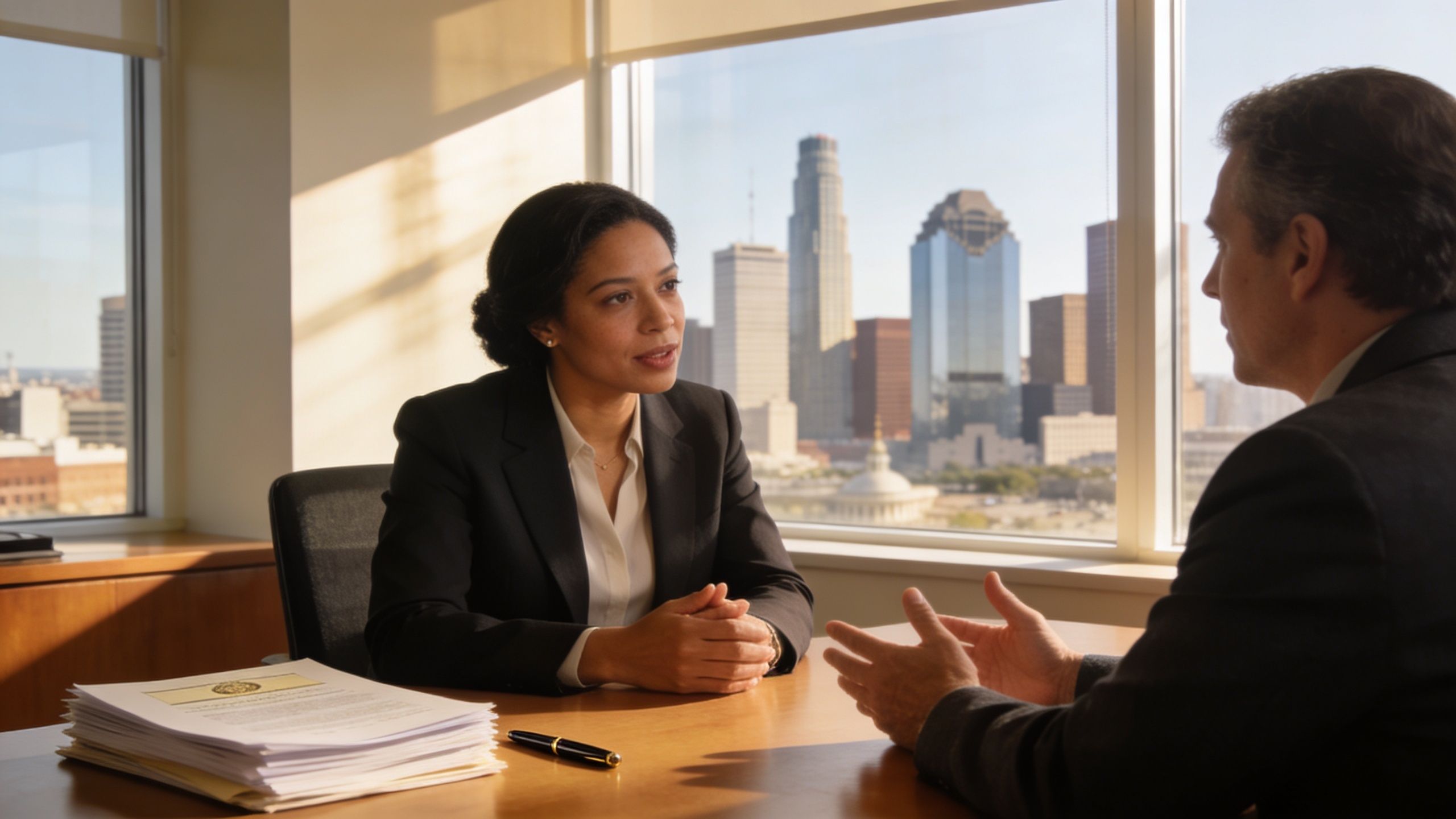 A professional attorney and client having a serious consultation in a modern high-rise office building.