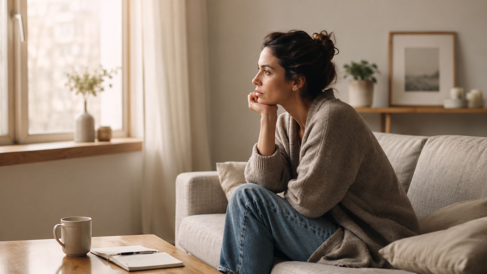 A thoughtful woman sitting on a cozy couch looking out the window in a quiet living room.