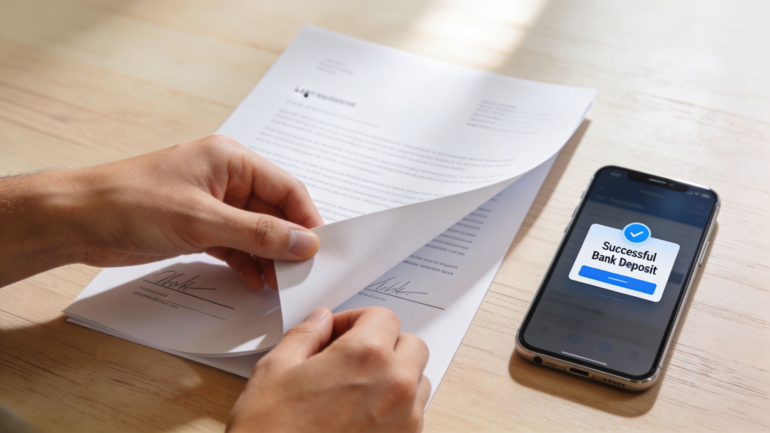 A person handling legal document papers next to a smartphone showing a successful bank deposit notification.