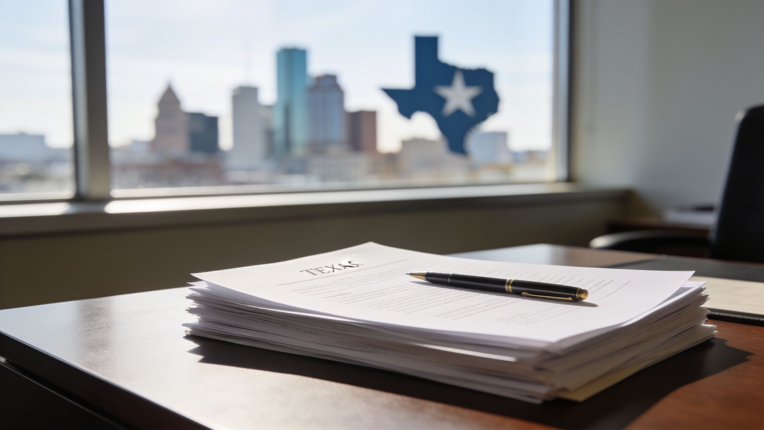A stack of legal documents and a pen on a desk overlooking a cityscape with a Texas silhouette.