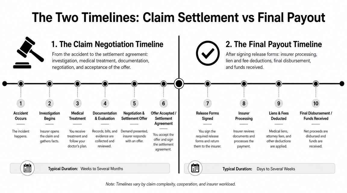 A timeline chart explaining the steps of an insurance claim settlement process from accident to final disbursement.