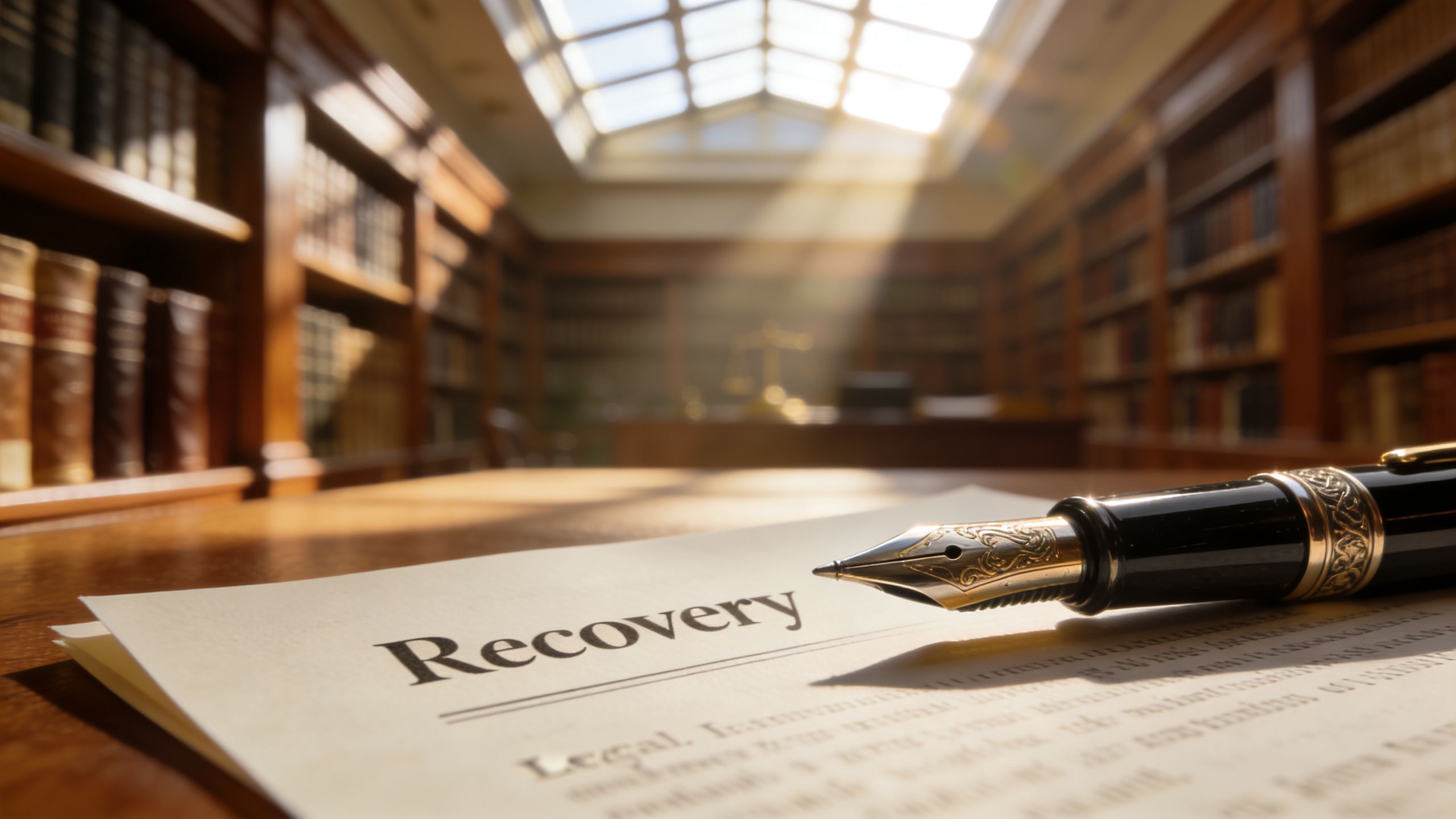 A luxurious fountain pen resting on a legal document labeled Recovery inside a dimly lit law library.