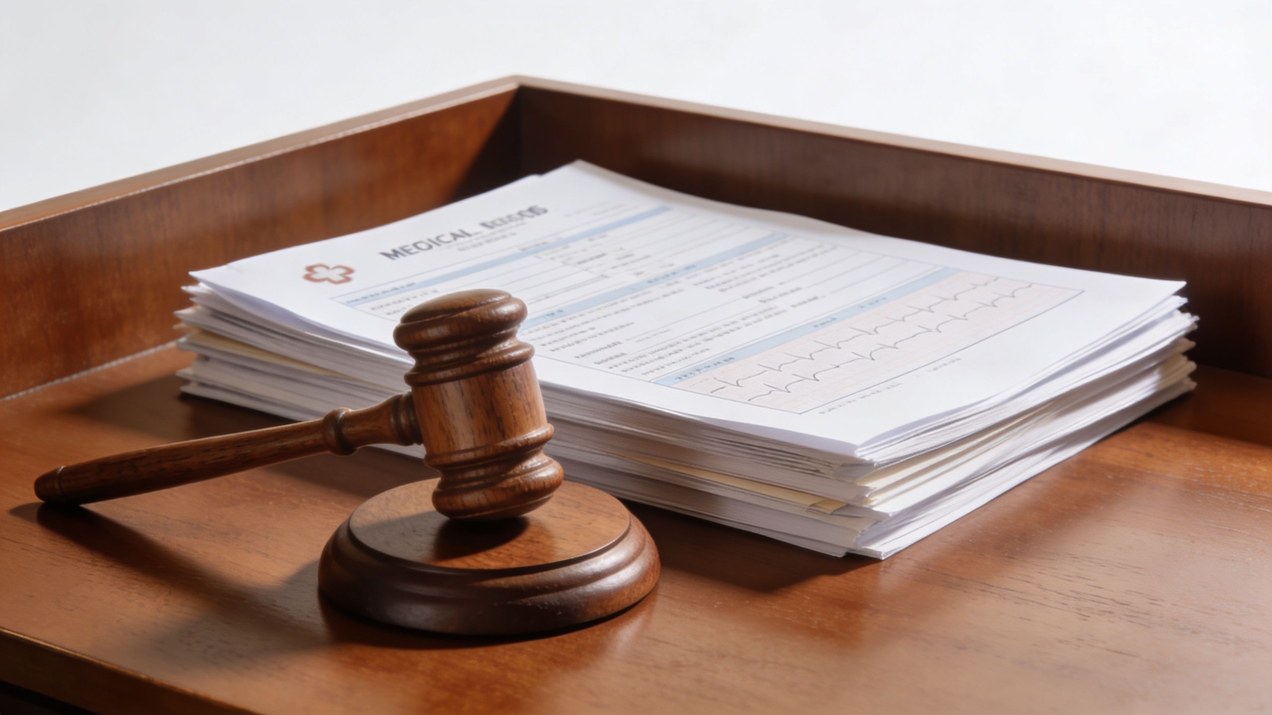 A wooden gavel resting on a desk next to a stack of medical record forms.