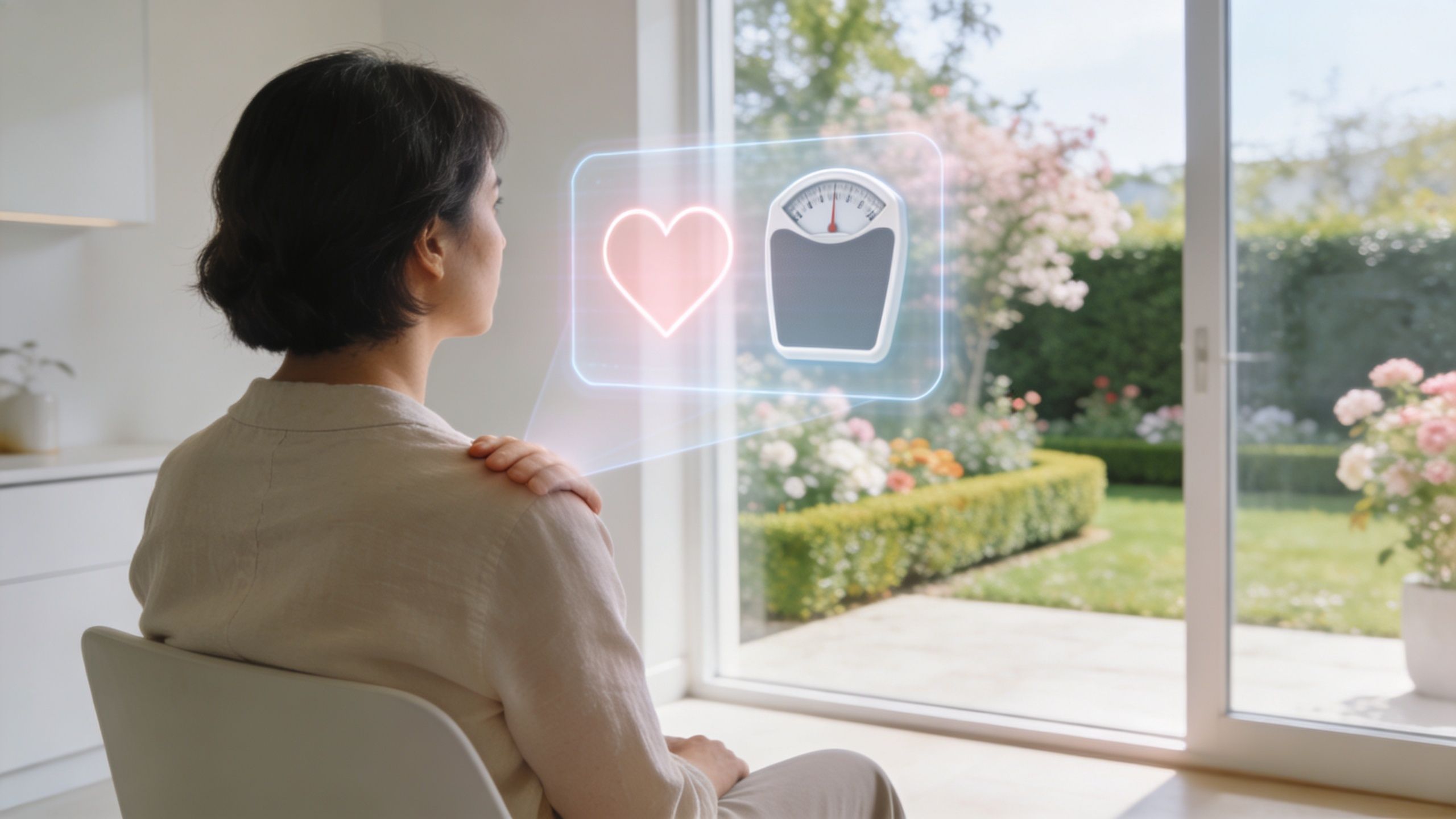 A woman looks at a digital hologram showing a heart icon and a weight scale in her home.
