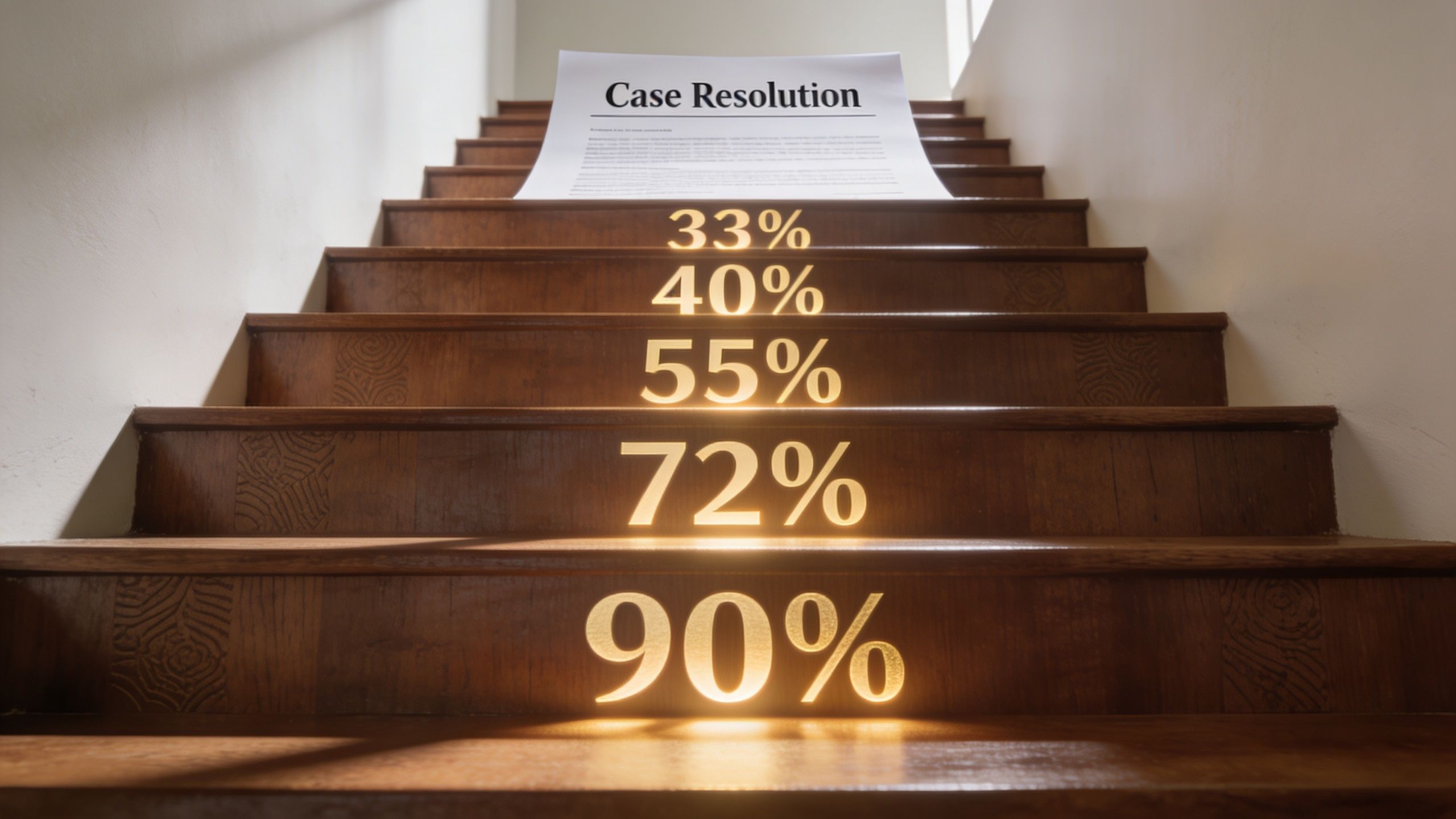 A staircase with percentage signs leading up to a paper titled Case Resolution about legal success rates.