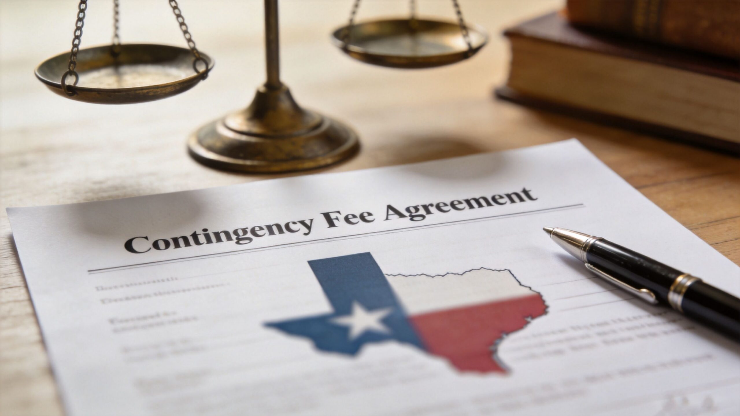 A legal contingency fee agreement document with a Texas map graphic, scales of justice, and a pen.