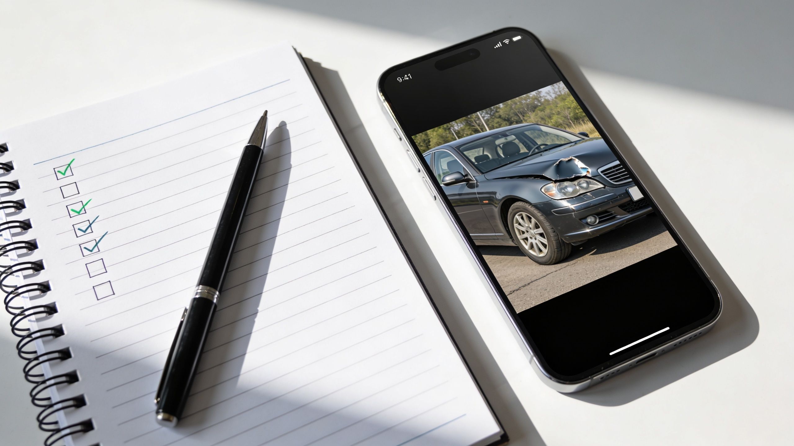 A smartphone displaying a damaged car alongside a notebook with a checklist and a pen on a desk.