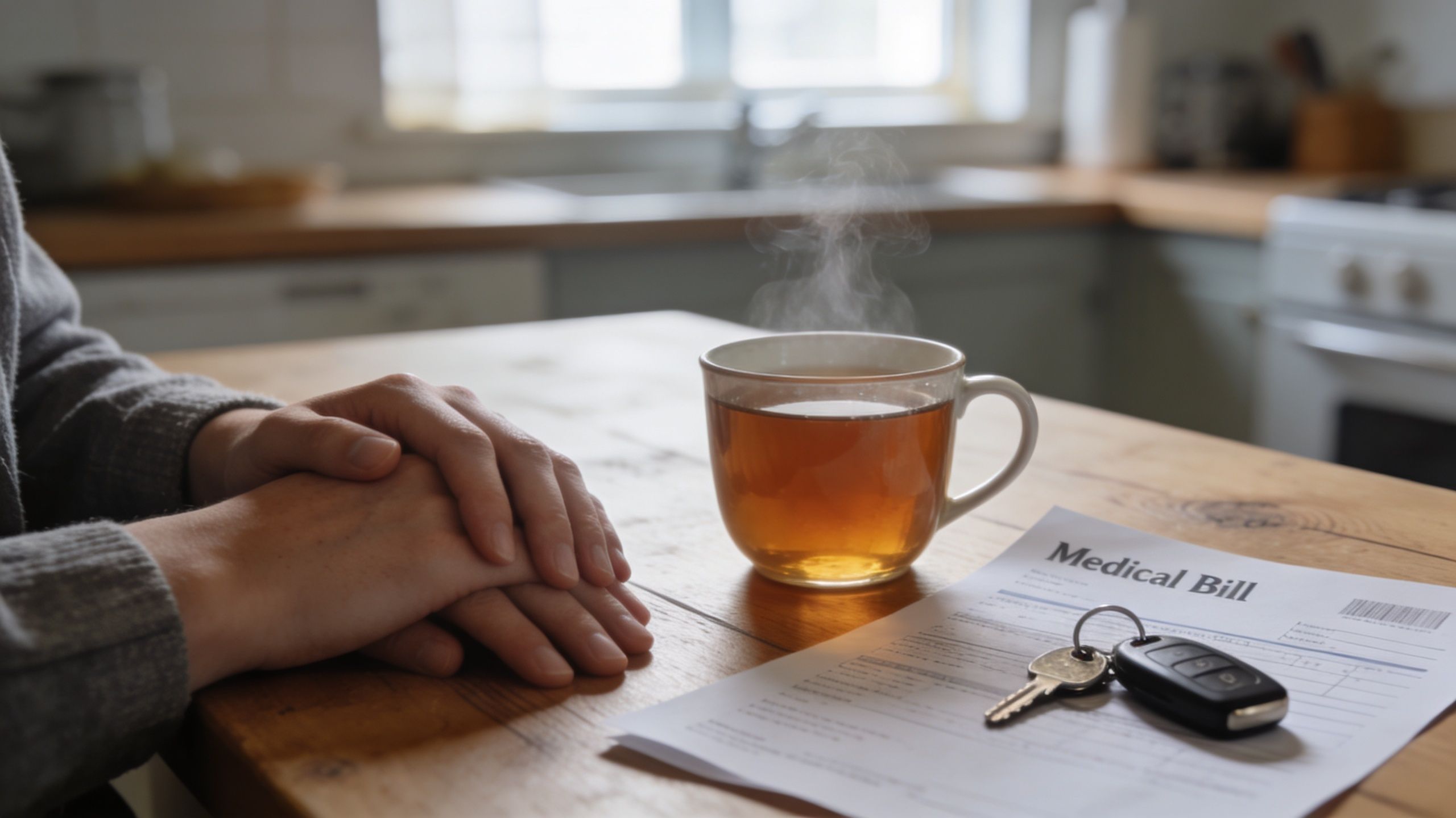 A person sitting at a wooden table with a hot cup of tea and a medical bill.