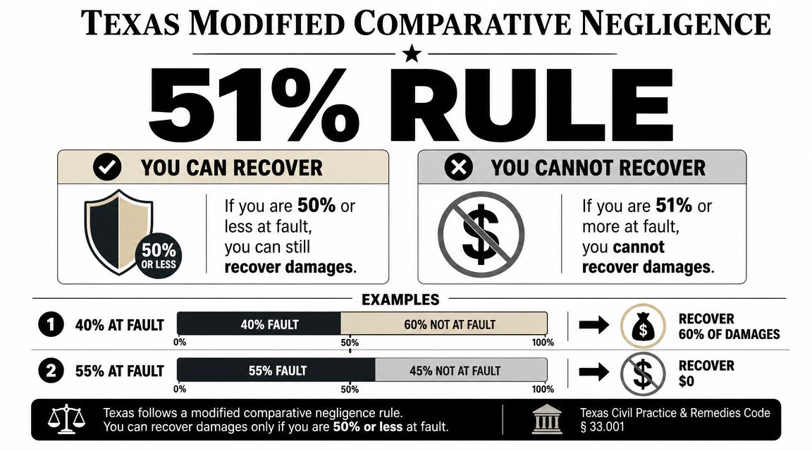 An infographic explaining Texas modified comparative negligence rules regarding recovery of damages based on percentage of fault.