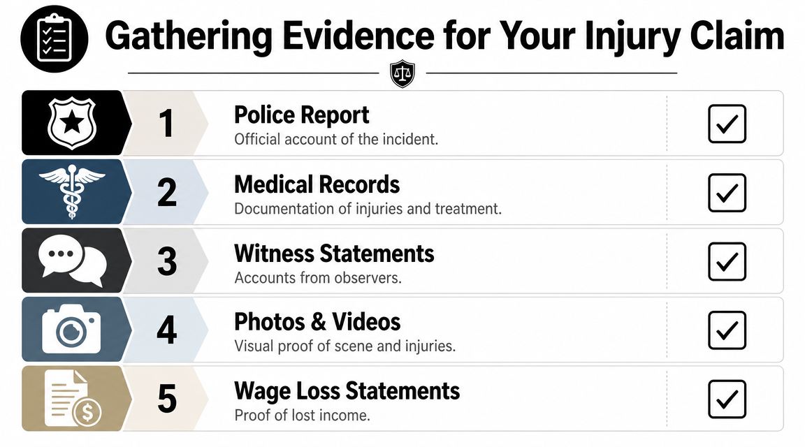 A checklist infographic outlining five essential types of evidence required for filing a personal injury claim.