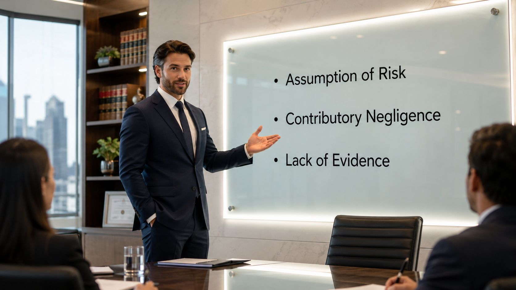A professional lawyer presents legal concepts of negligence during a boardroom meeting for his colleagues.