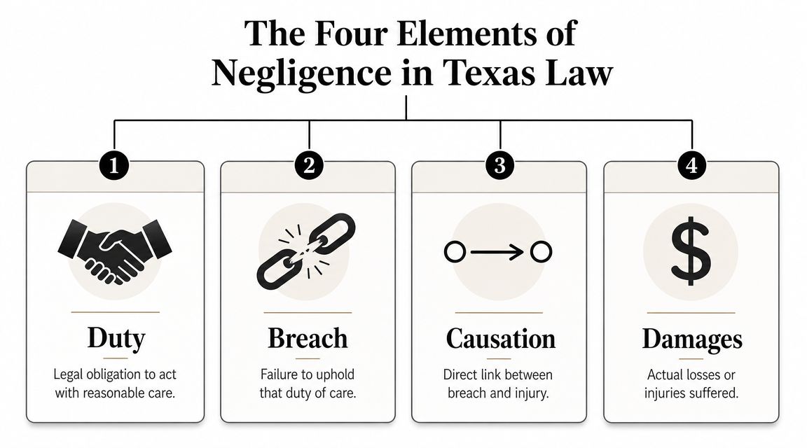 A diagram outlining the four legal elements of negligence in Texas: duty, breach, causation, and damages.