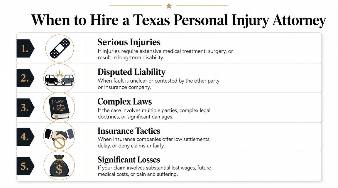 An infographic detailing five key scenarios when you should hire a Texas personal injury attorney.