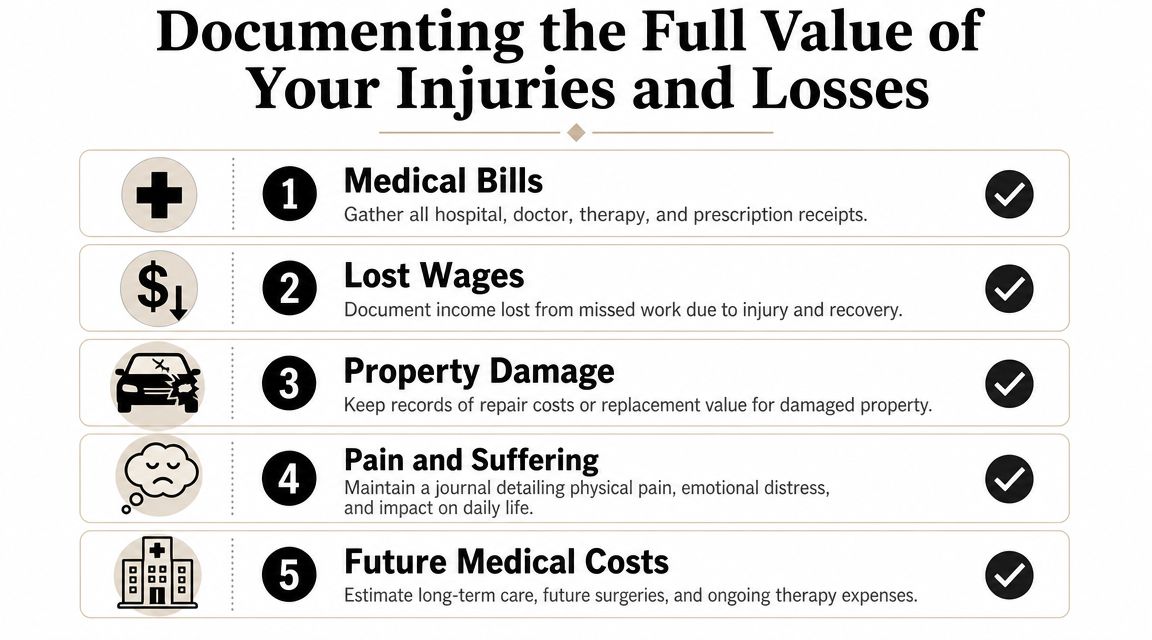 A checklist infographic outlining five essential steps for documenting personal injury losses and medical expenses effectively.