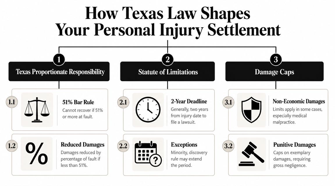 An infographic titled How Texas Law Shapes Your Personal Injury Settlement illustrating liability, deadlines, and damage limits.