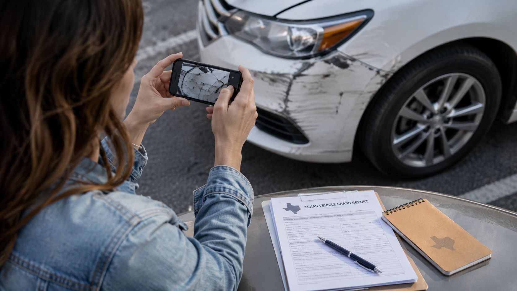 A woman documenting car accident damage on a mobile phone with a Texas crash report form