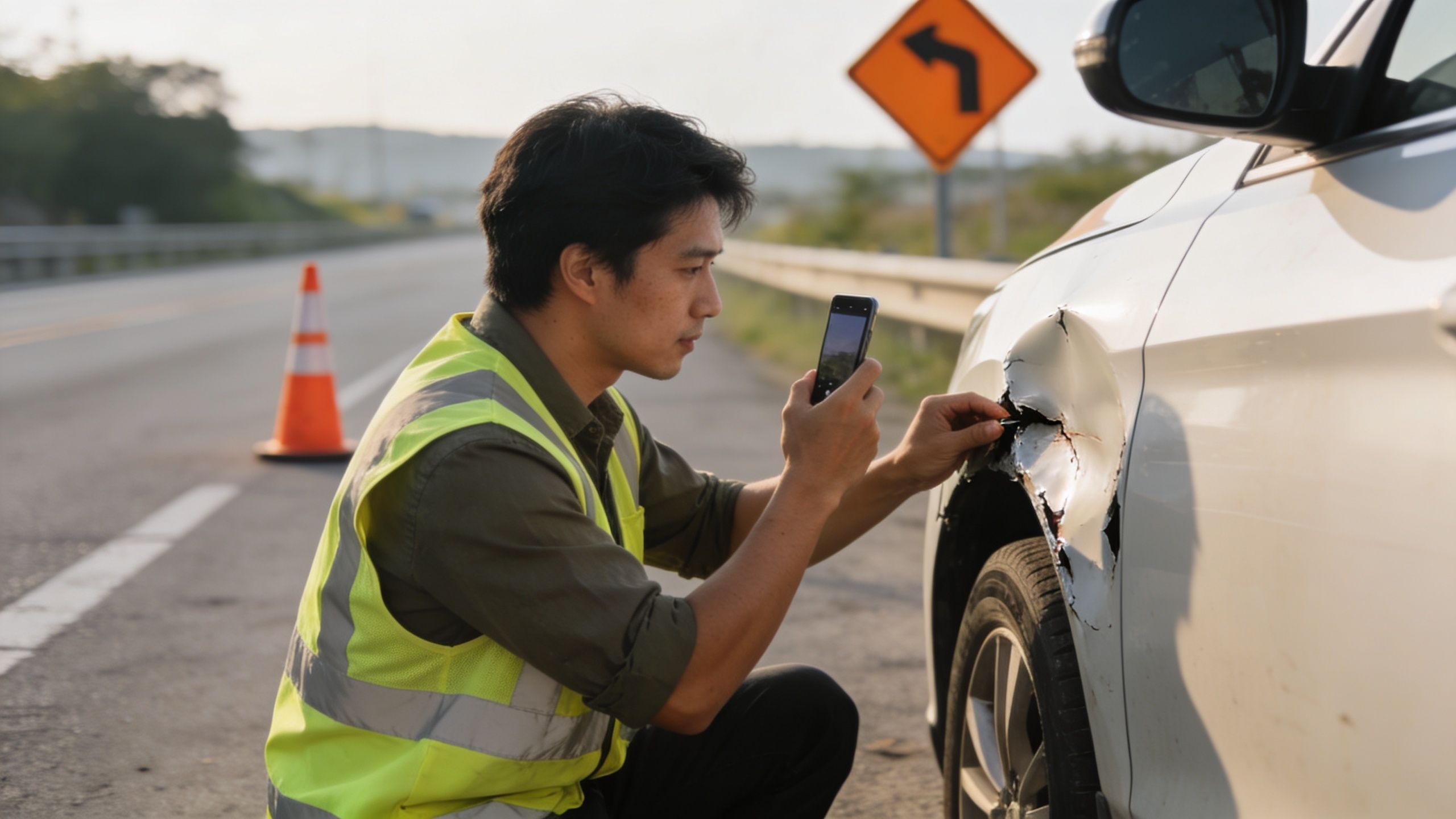 A man in a high-visibility vest inspects and photographs vehicle damage after a work zone crash.