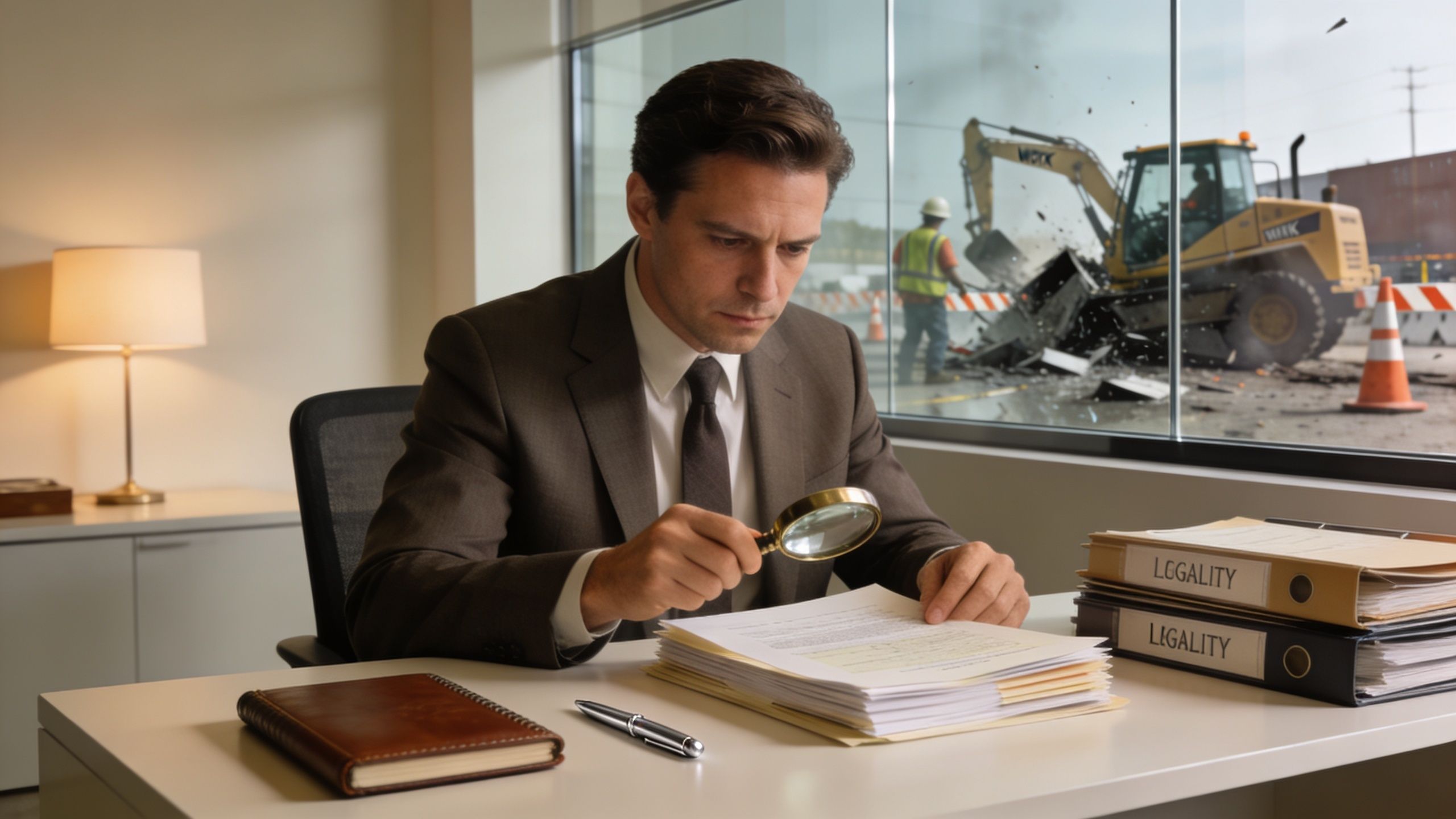 A professional man in a suit examines documents with a magnifying glass while construction occurs outside.