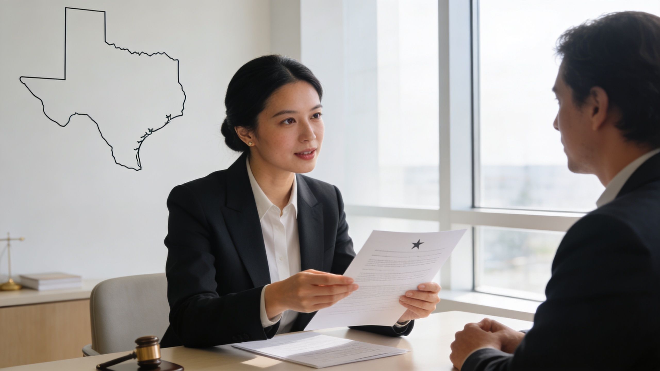 A professional woman in a suit holds a legal document during a formal meeting with a client.