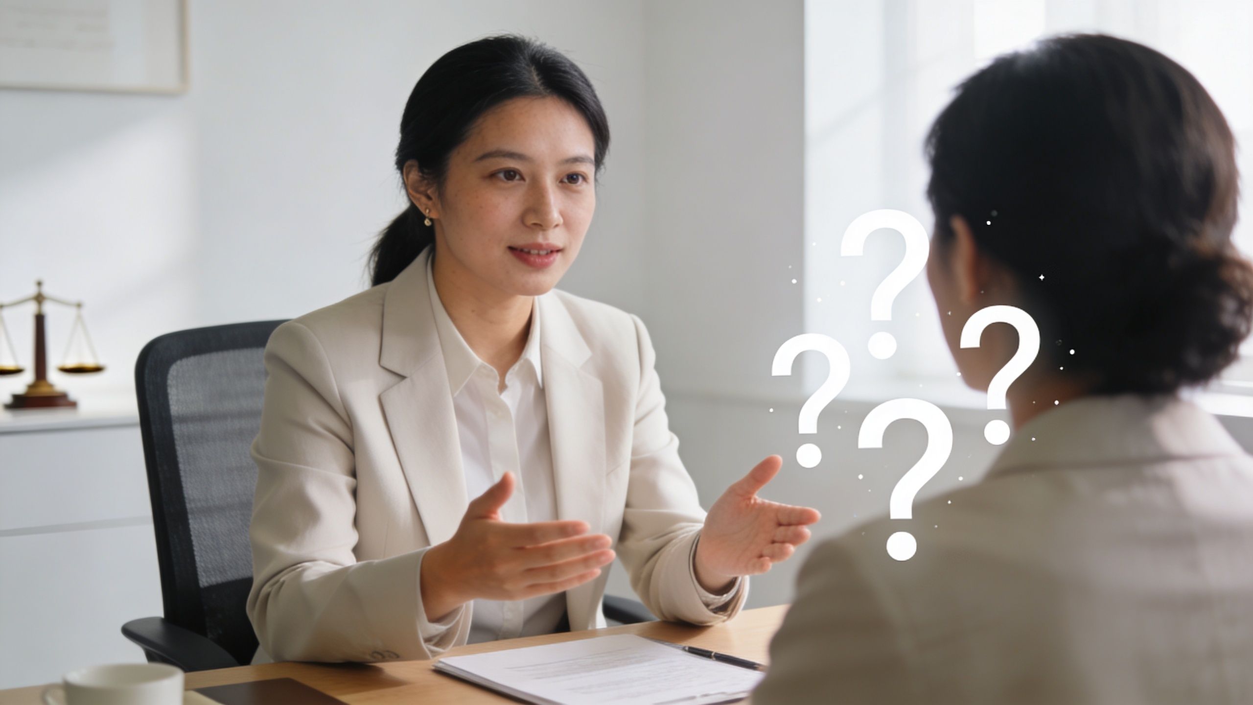 A professional lawyer having a consultation with a client in a bright, modern office setting.