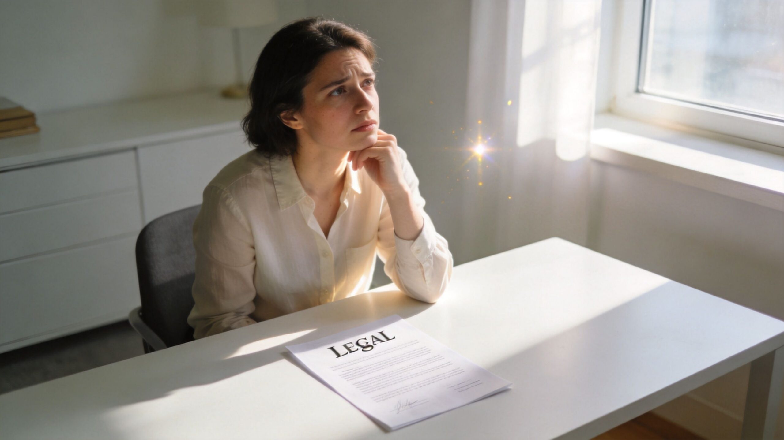 A concerned woman sitting at a desk looking at a document labeled Legal with a worried expression.