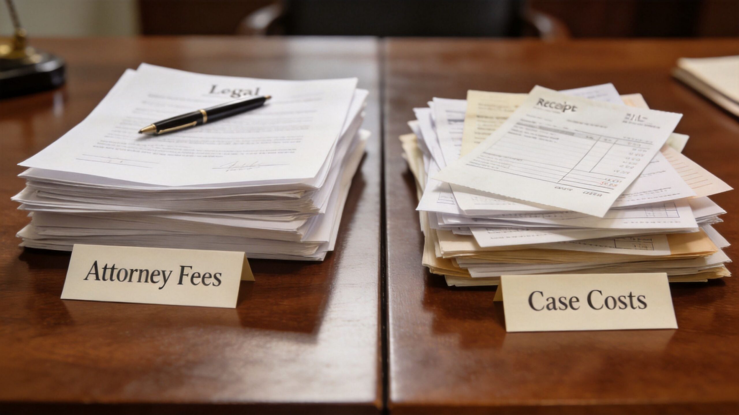 A wooden table featuring two stacks of documents labeled Attorney Fees and Case Costs for legal services.