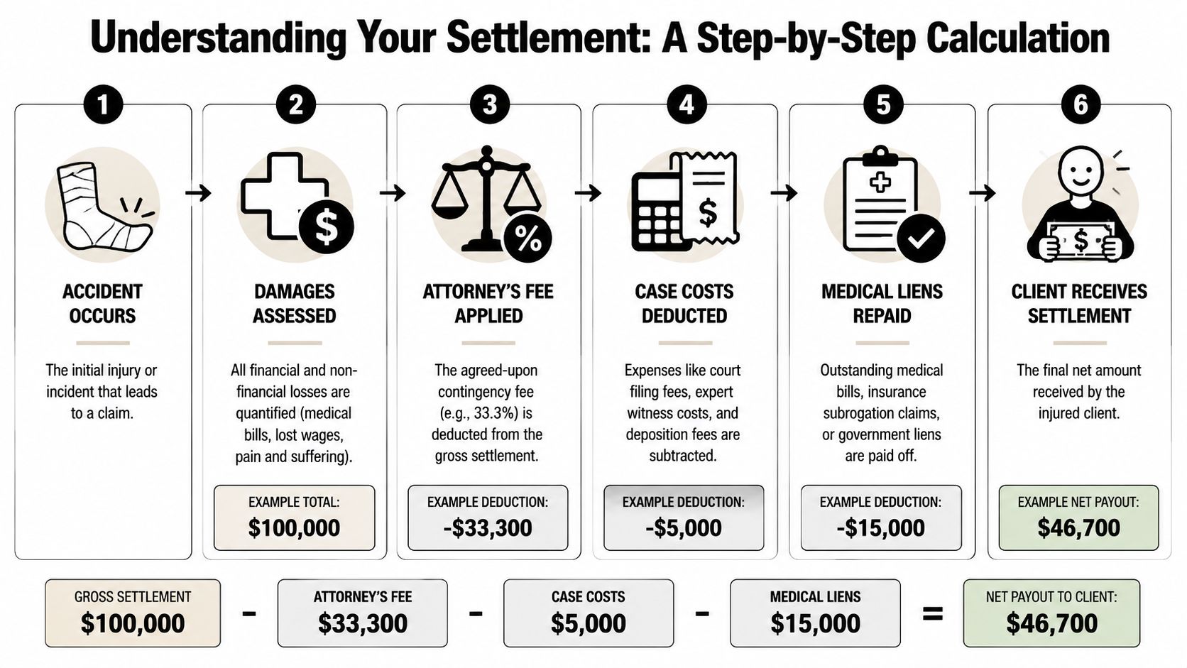 A six-step infographic explaining how a personal injury settlement is calculated from gross amount to net payout.