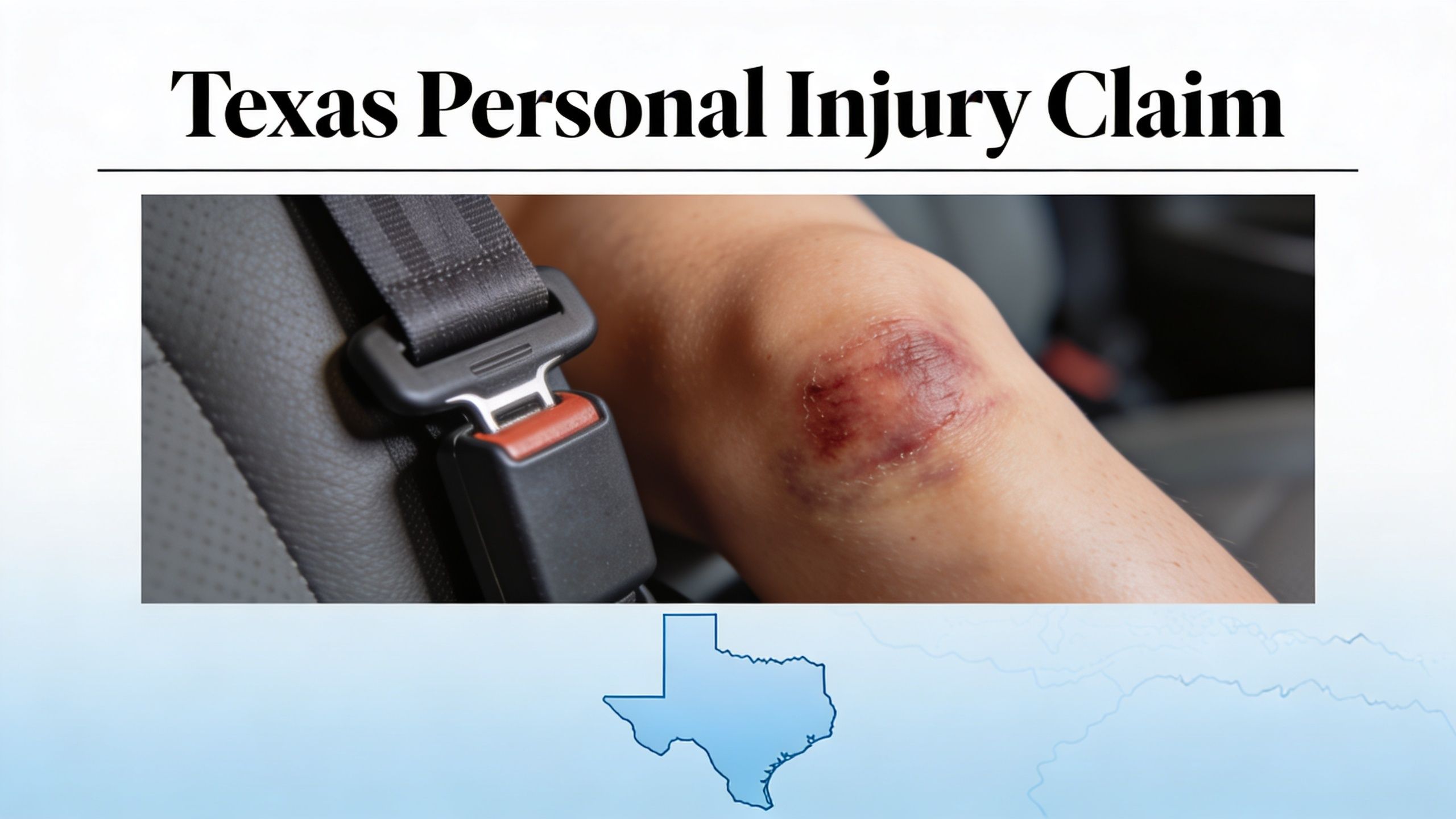 A close-up view of a bruised knee next to a car seatbelt, illustrating a personal injury claim.