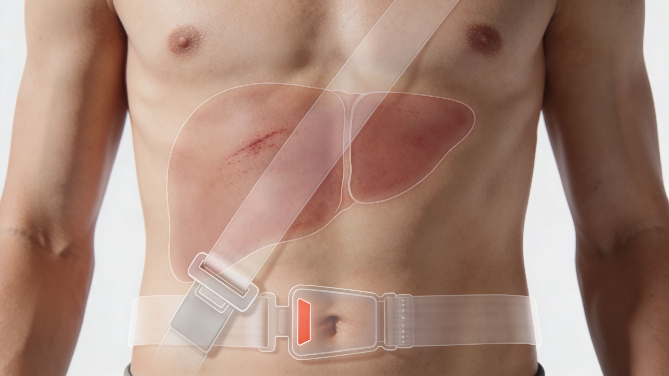 A digital illustration showing a seatbelt overlay on a human torso highlighting potential liver trauma injury.