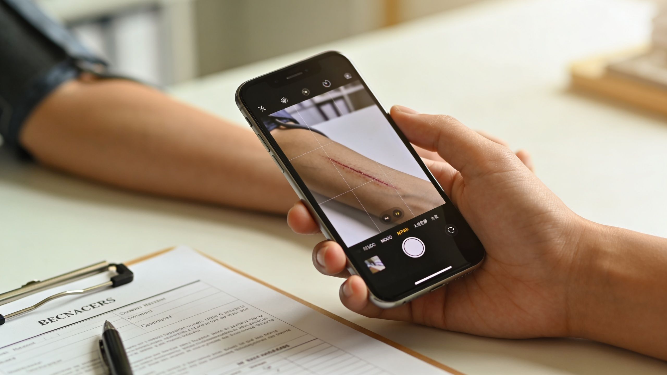 A medical professional uses a smartphone to photograph a laceration on a patient's forearm during examination.