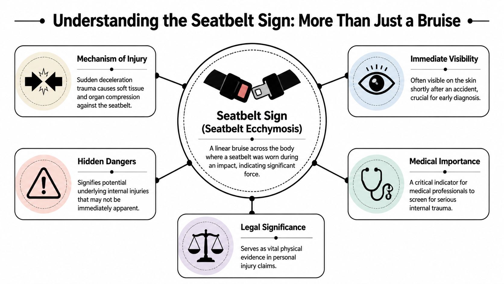 An infographic explaining the seatbelt sign, a bruise indicating potential internal trauma after a vehicle accident.