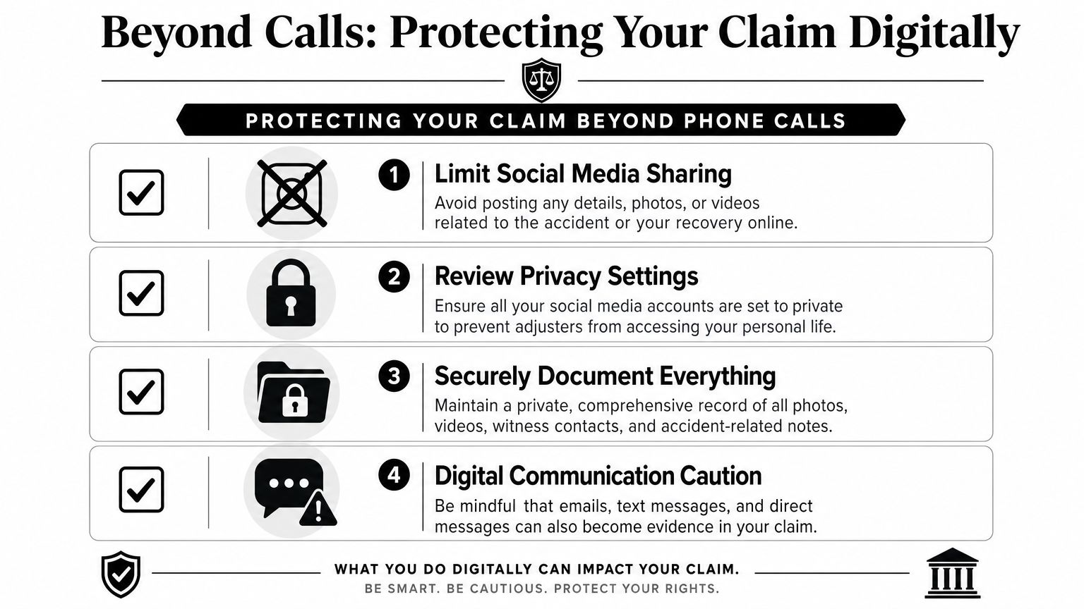 An infographic detailing four digital safety tips to protect your personal injury claim from insurance adjusters.