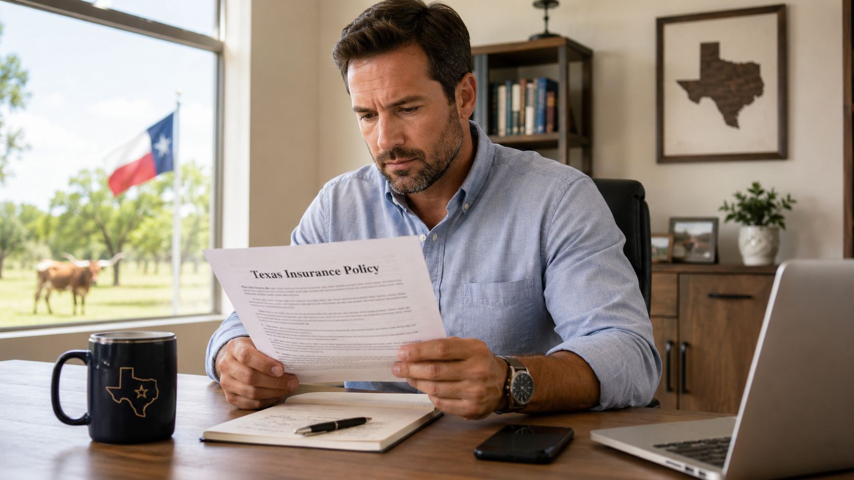 A man in a home office reviewing a Texas insurance policy document with a Texas flag outside.